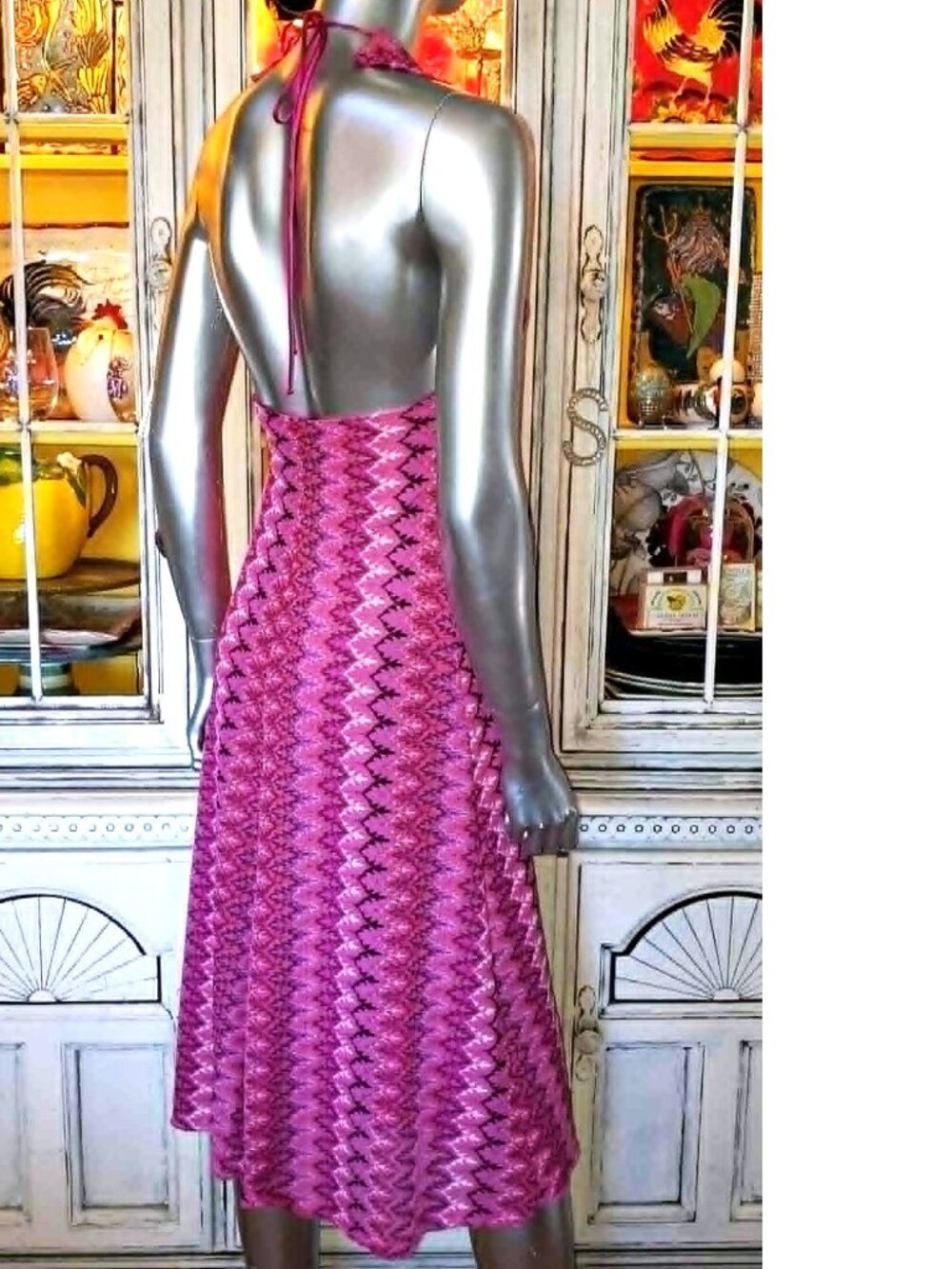 Betsey Johnson Vintage New York Y2K 90s Open Woven Knit Pink Midi Halter Dress S - Picture 5 of 16
